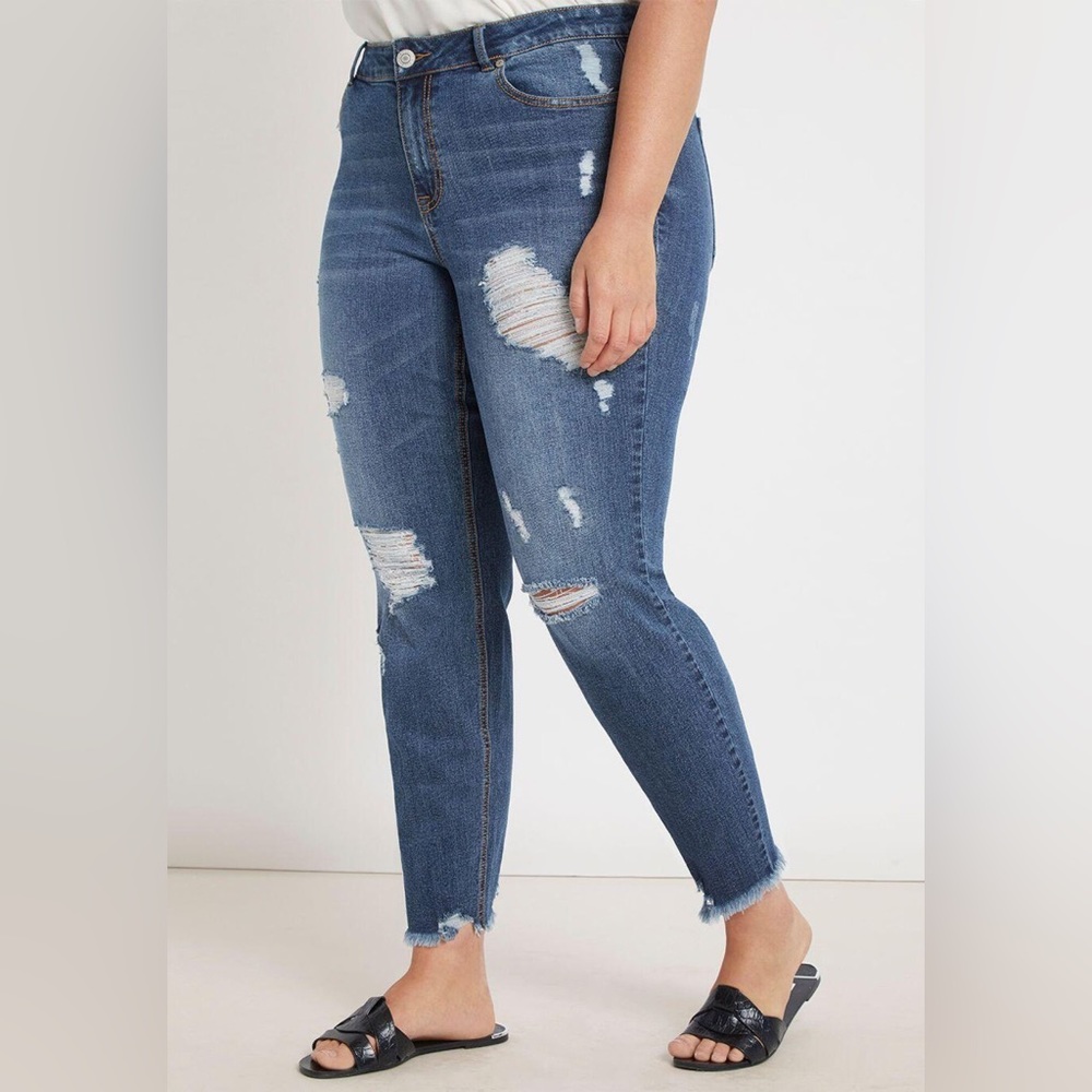 ELOQUII Viola Fit Distressed Boyfriend Jean, Dark Medium Wash, 28W